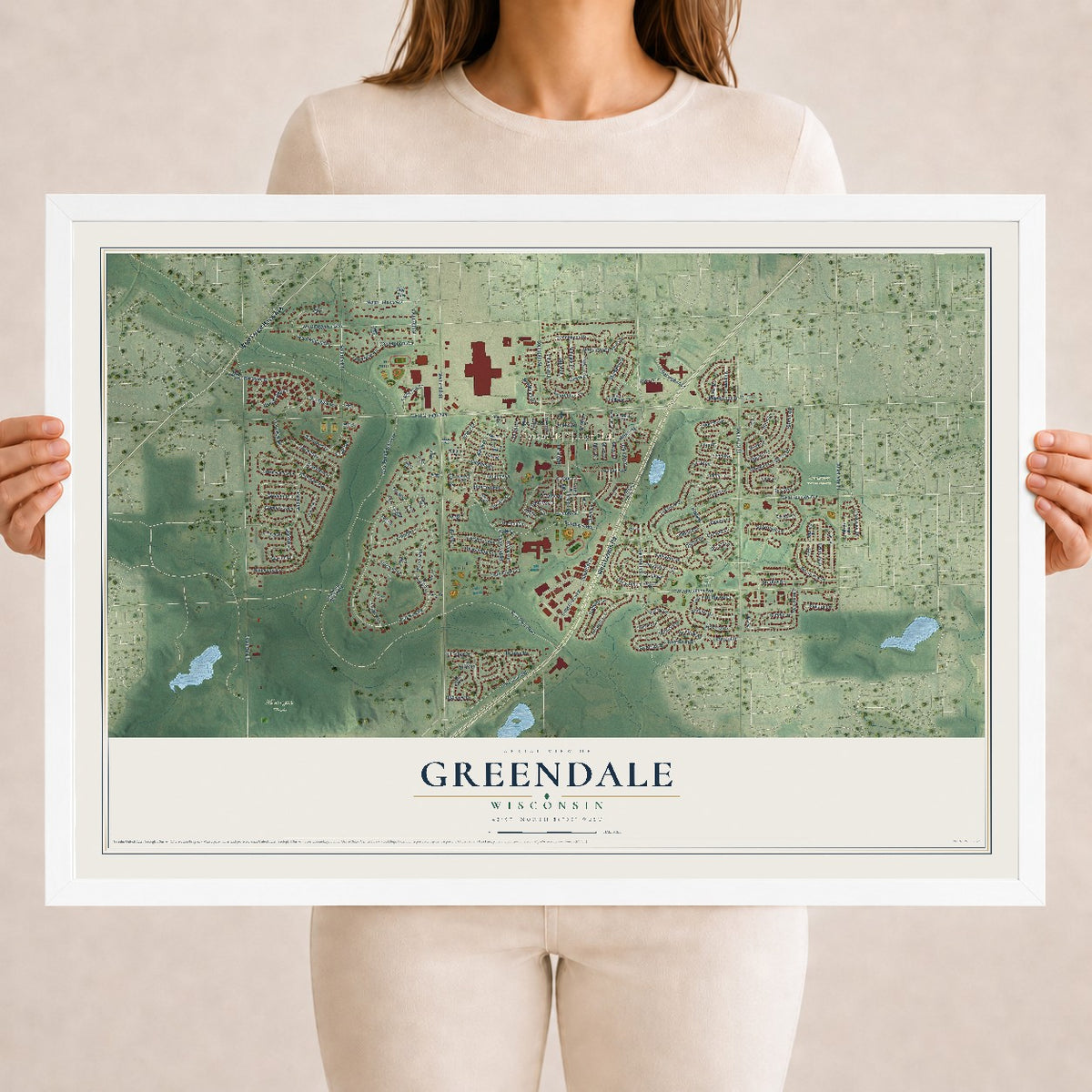 Map of Greendale, Wisconsin, 18 x 24 inch print in a white wood frame