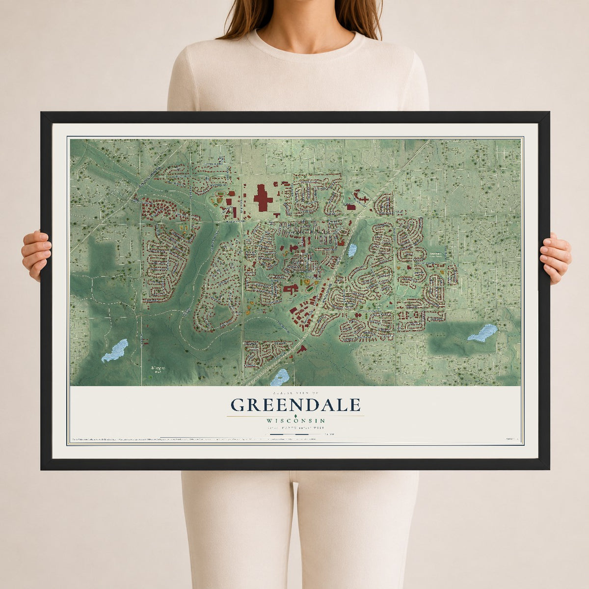 Map of Greendale, Wisconsin, 24 x 36 inch print in a black wood frame