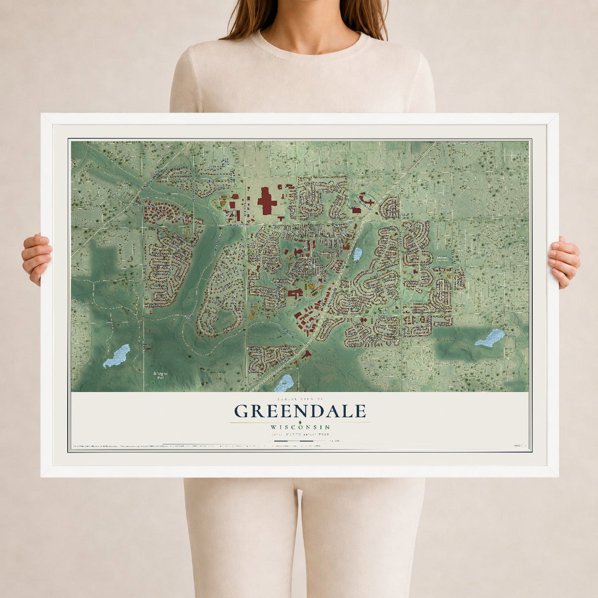 Map of Greendale, Wisconsin, 24 x 36 inch print in a white wood frame