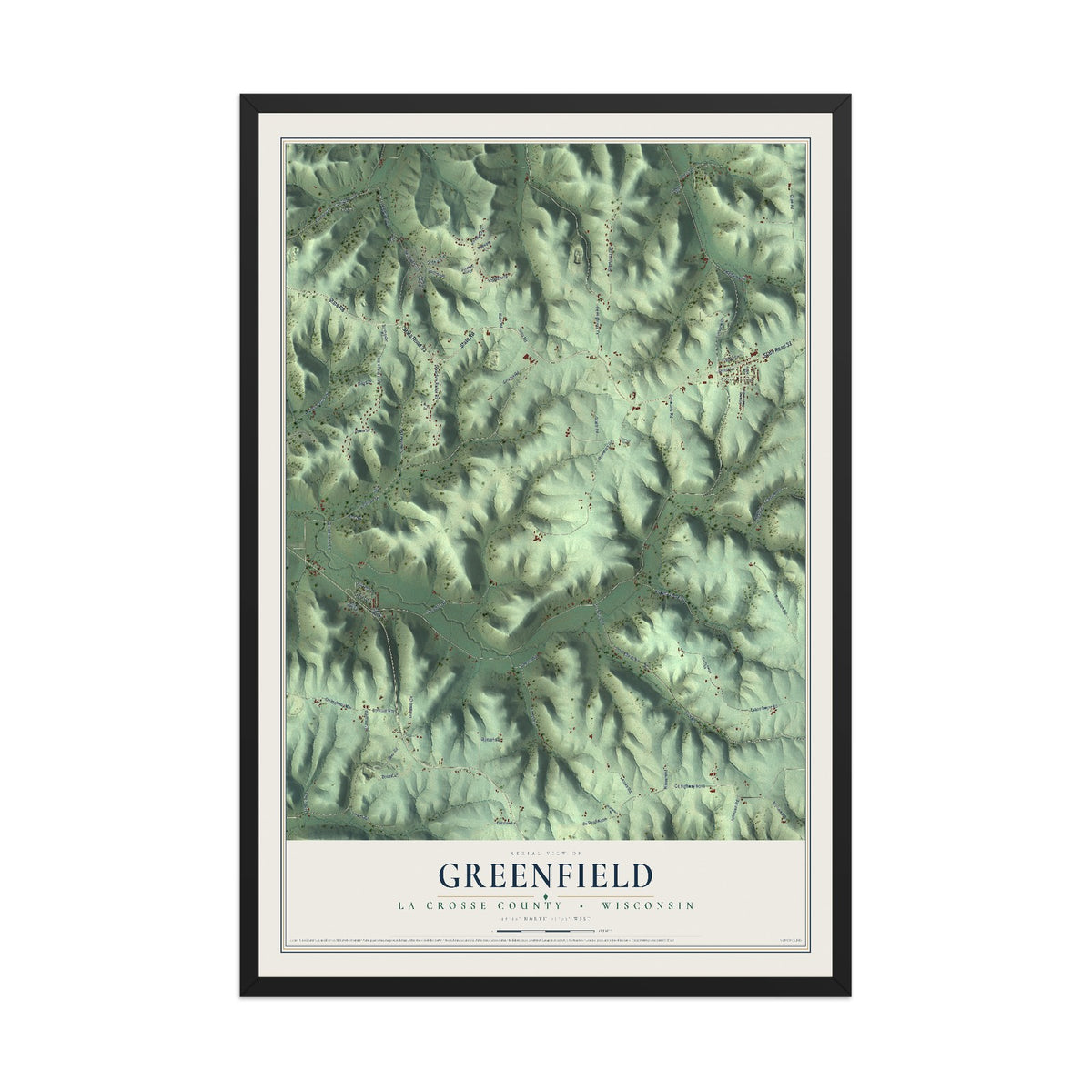 Map of Greenfield, La Crosse County, Wisconsin, 12 x 18 inch print in a black wood frame