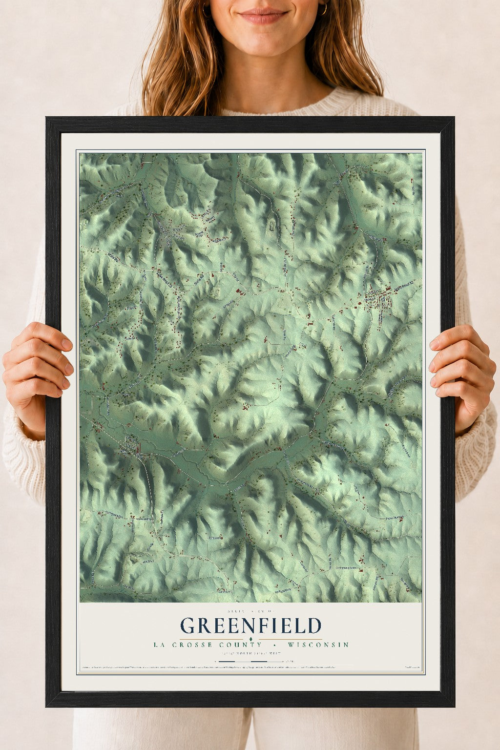 Map of Greenfield, La Crosse County, Wisconsin, 18 x 24 inch print in a black wood frame