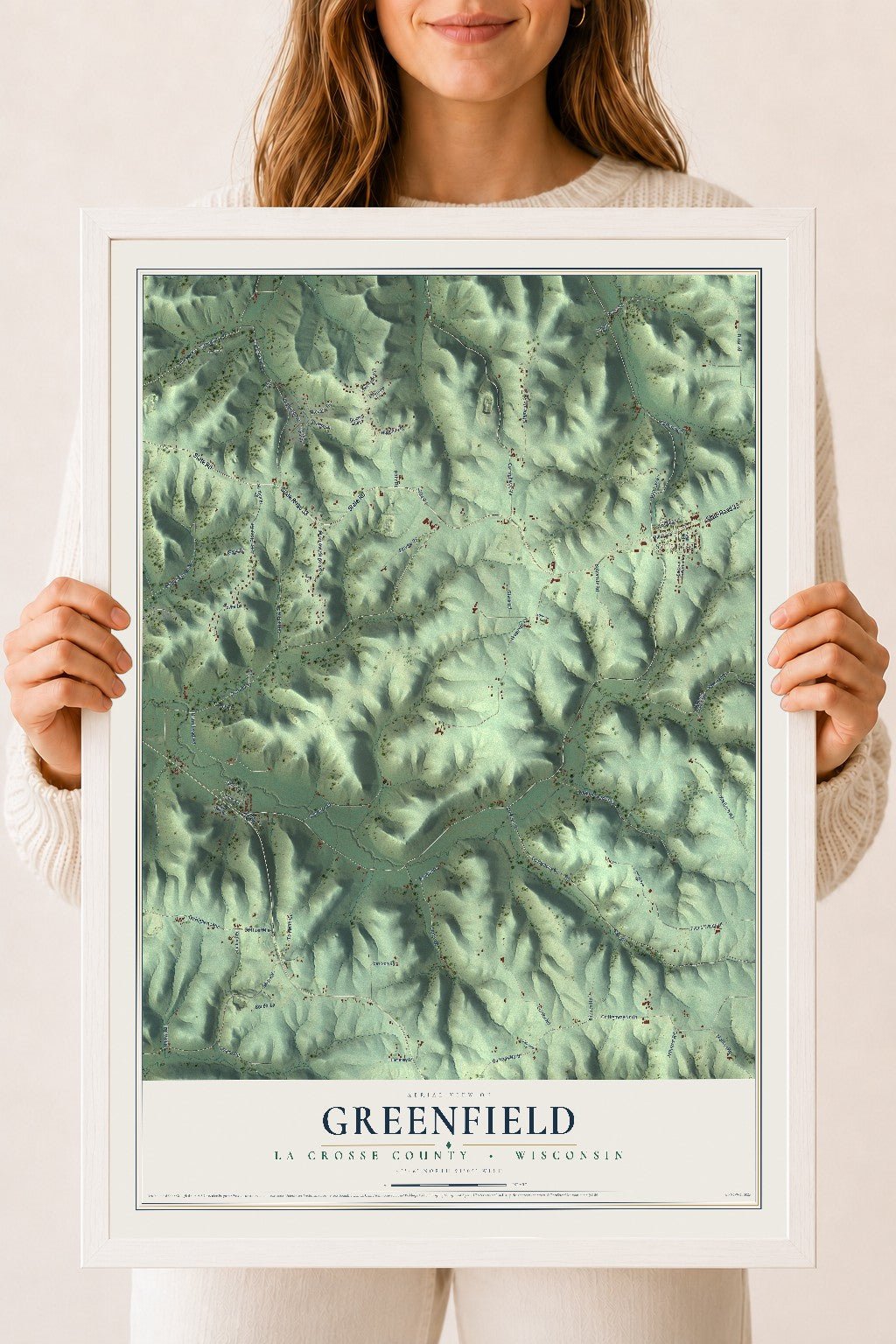 Map of Greenfield, La Crosse County, Wisconsin, 18 x 24 inch print in a white wood frame