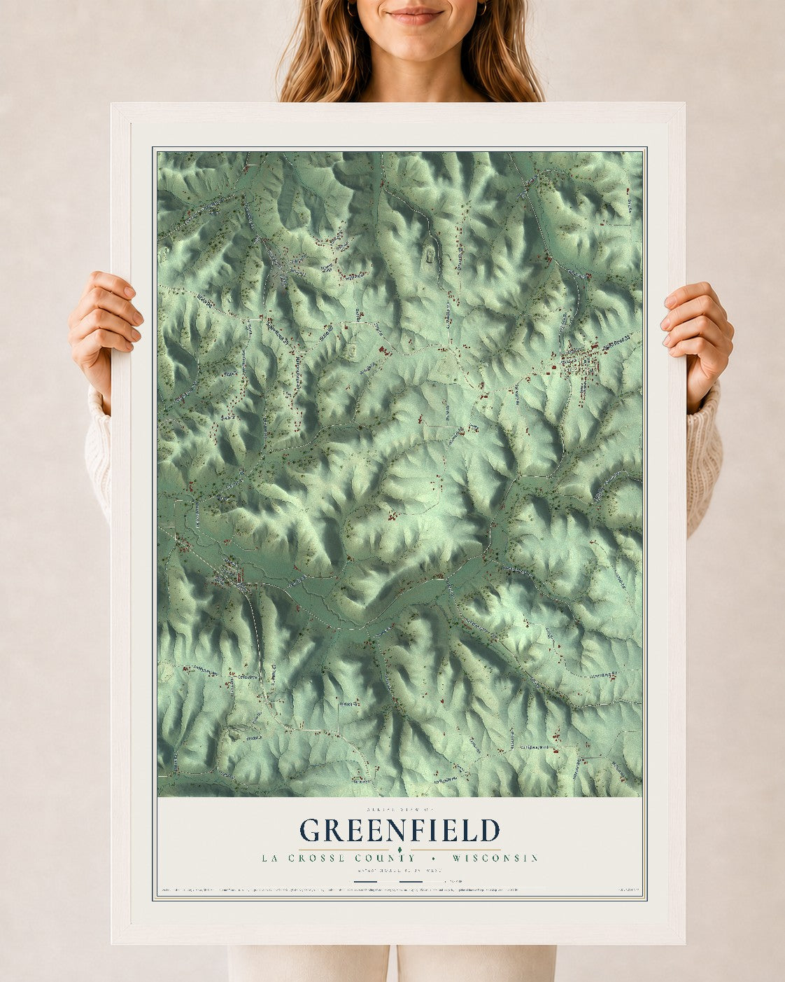 Map of Greenfield, La Crosse County, Wisconsin, 24 x 36 inch print in a white wood frame
