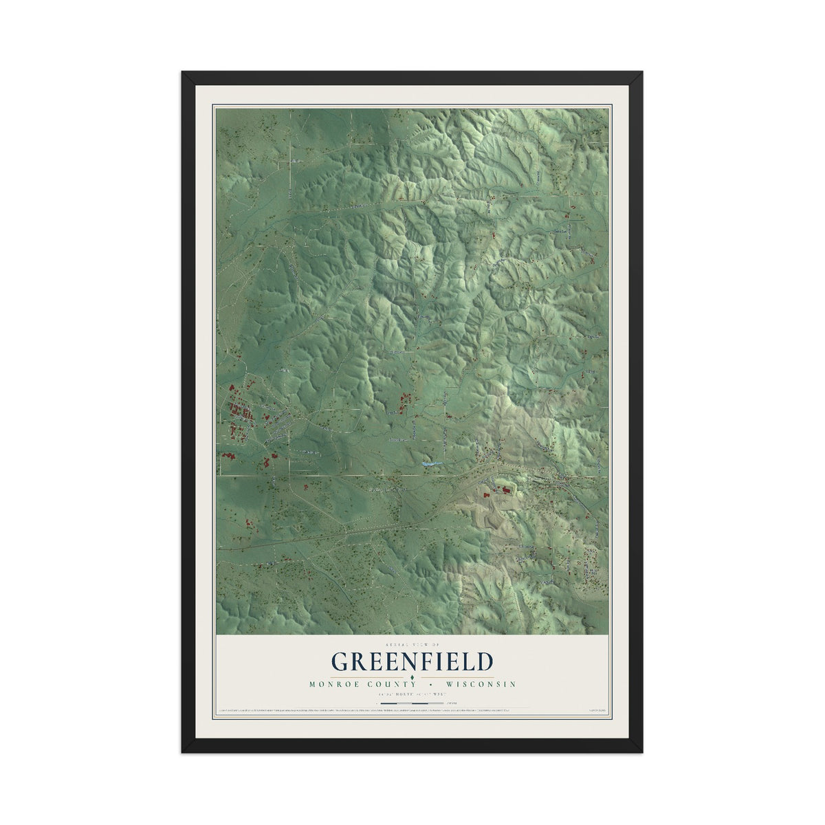 Map of Greenfield, Monroe County, Wisconsin, 12 x 18 inch print in a black wood frame