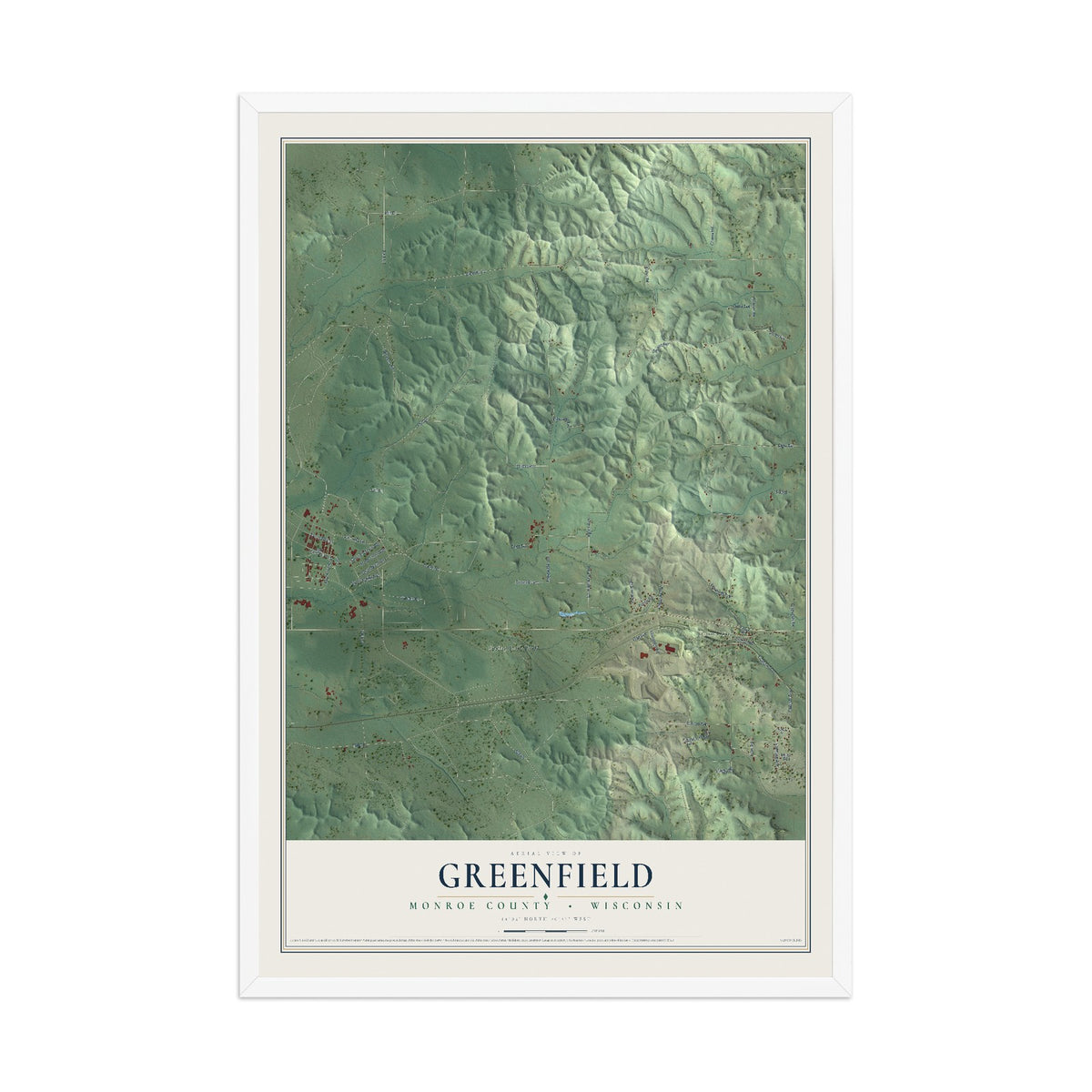Map of Greenfield, Monroe County, Wisconsin, 12 x 18 inch print in a white wood frame
