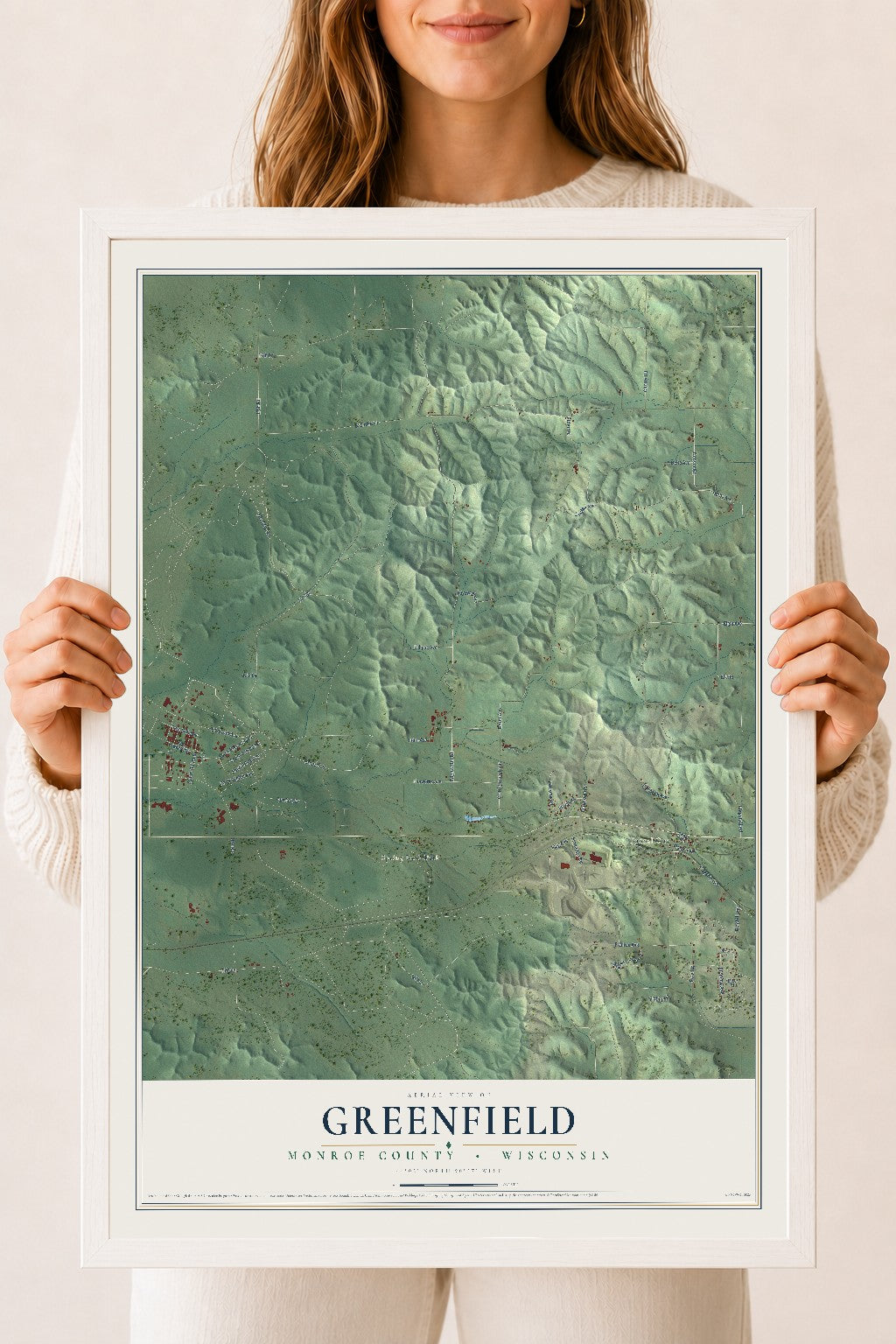 Map of Greenfield, Monroe County, Wisconsin, 18 x 24 inch print in a white wood frame