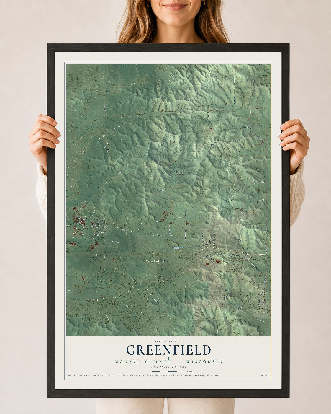 Map of Greenfield, Monroe County, Wisconsin, 24 x 36 inch print in a black wood frame