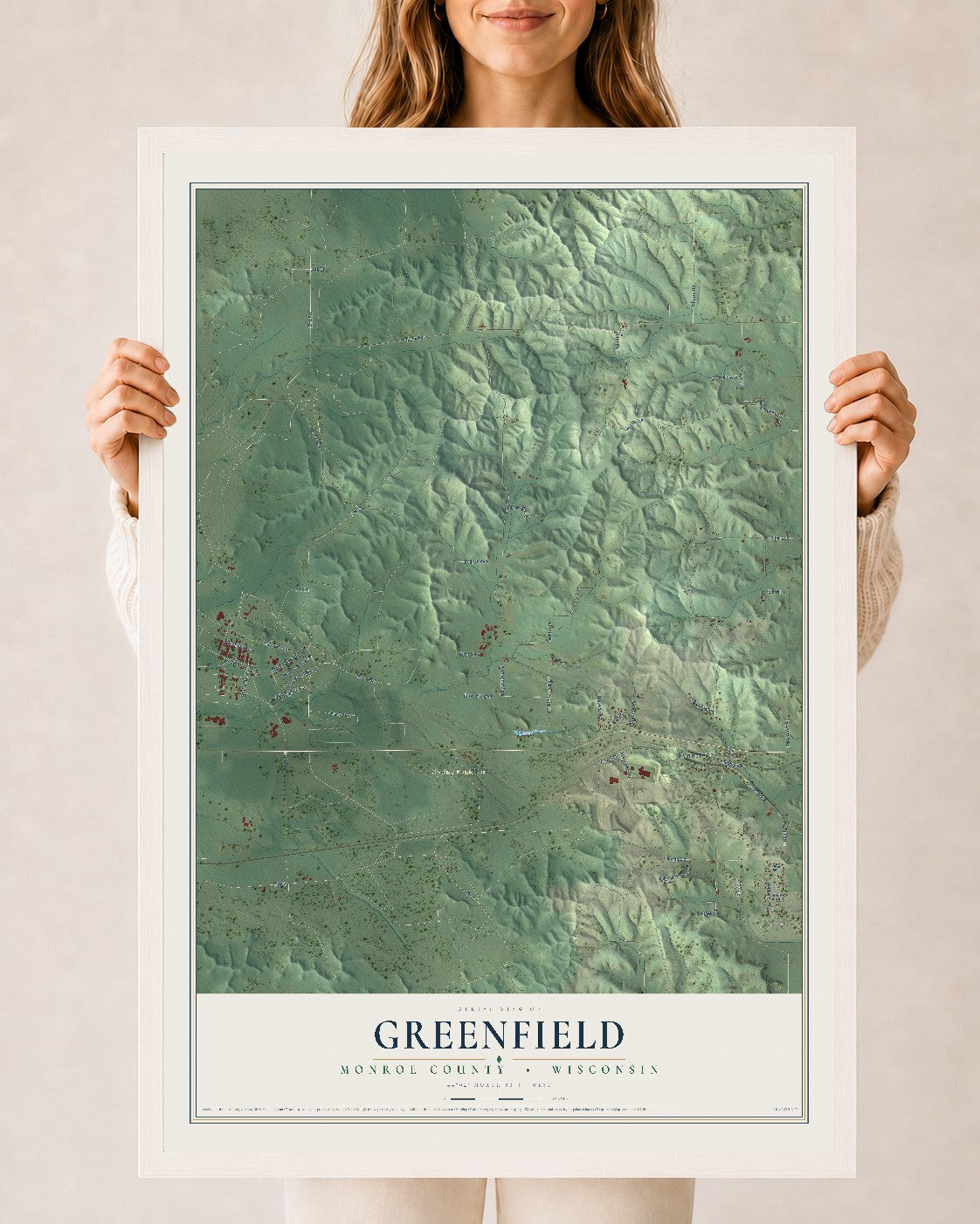 Map of Greenfield, Monroe County, Wisconsin, 24 x 36 inch print in a white wood frame