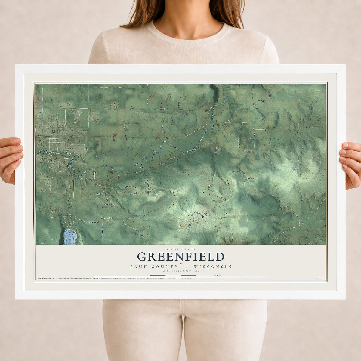 Map of Greenfield, Sauk County, Wisconsin, 18 x 24 inch print in a white wood frame