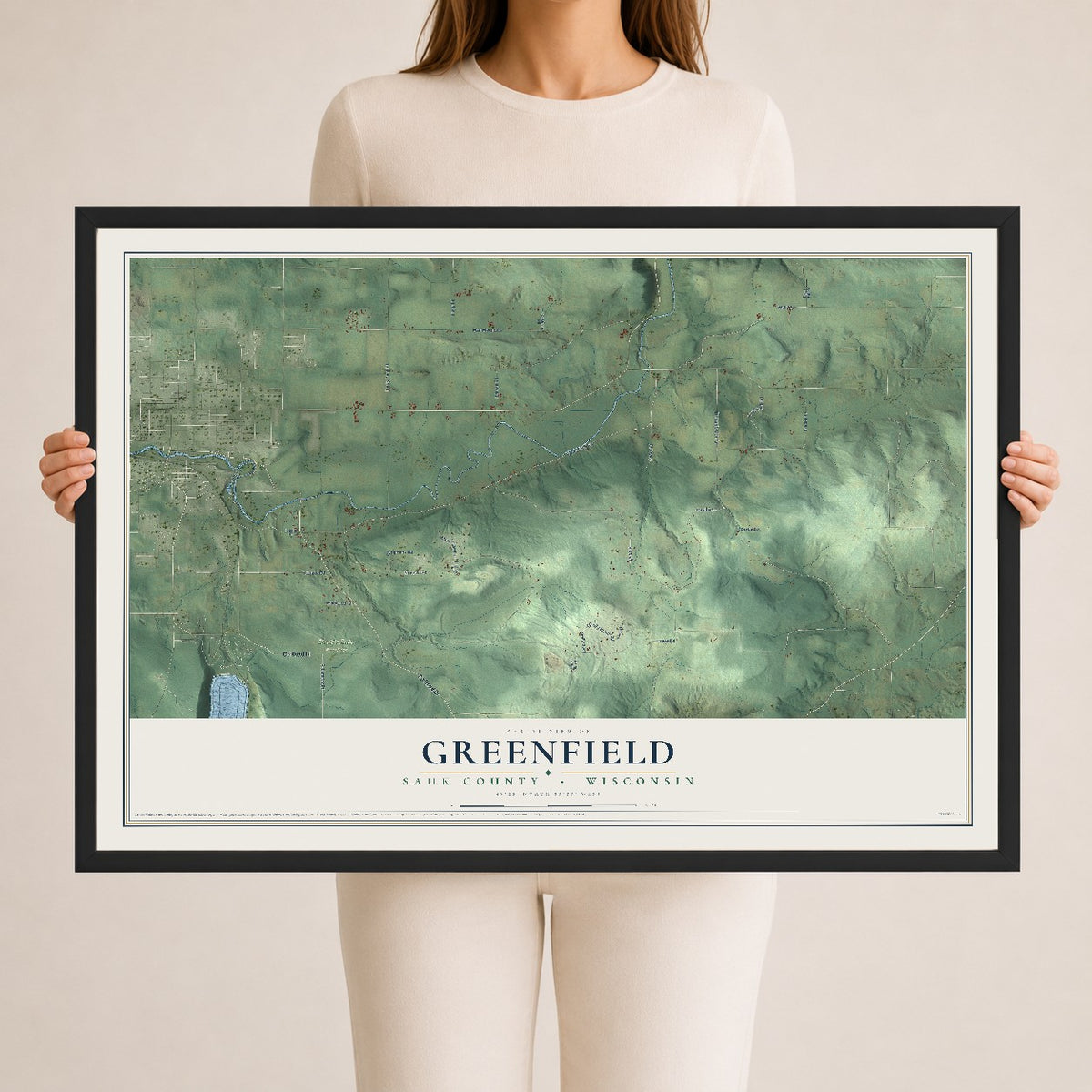 Map of Greenfield, Sauk County, Wisconsin, 24 x 36 inch print in a black wood frame