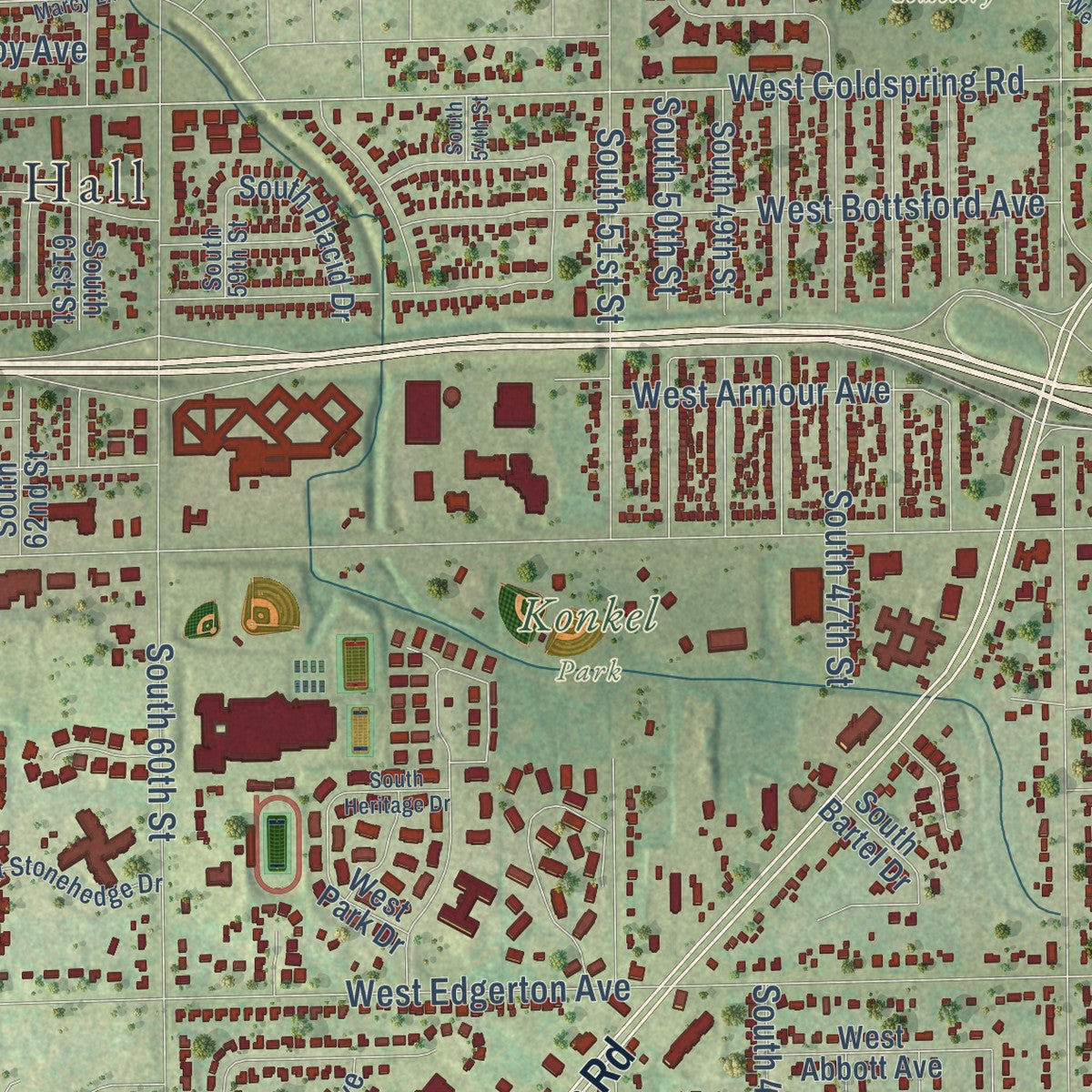 Close-up of the map of Greenfield, Milwaukee County, Wisconsin print showing street and building detail