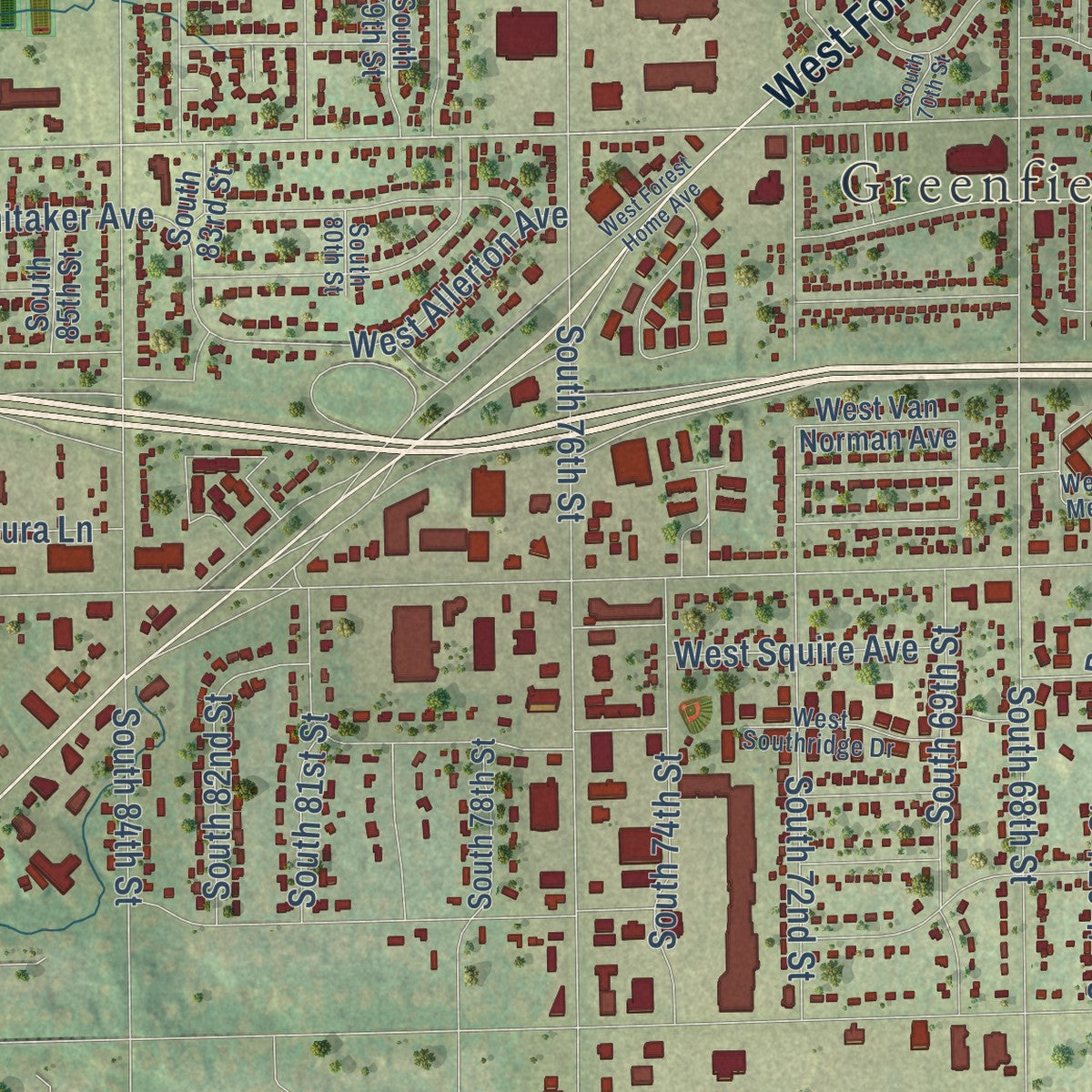 Second close-up of the map of Greenfield, Milwaukee County, Wisconsin print showing more streets and buildings