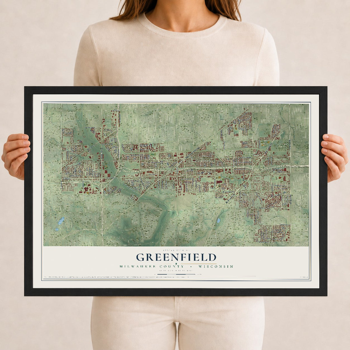 Map of Greenfield, Milwaukee County, Wisconsin, 12 x 18 inch print in a black wood frame
