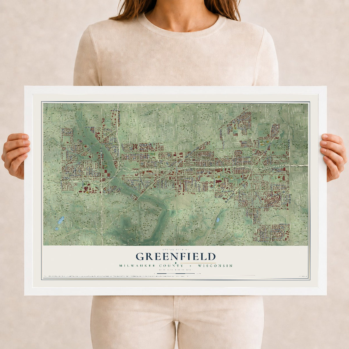 Map of Greenfield, Milwaukee County, Wisconsin, 12 x 18 inch print in a white wood frame