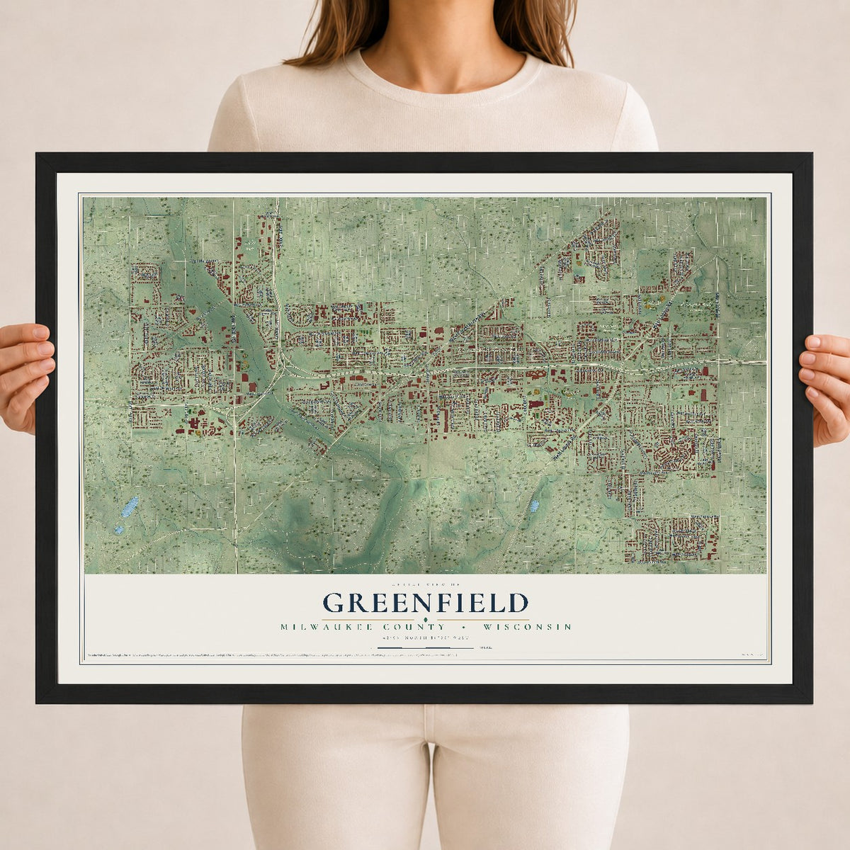 Map of Greenfield, Milwaukee County, Wisconsin, 18 x 24 inch print in a black wood frame