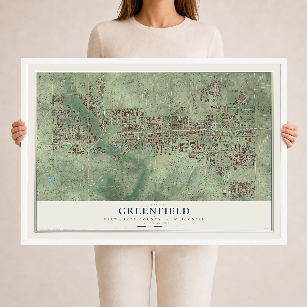 Map of Greenfield, Milwaukee County, Wisconsin, 24 x 36 inch print in a white wood frame