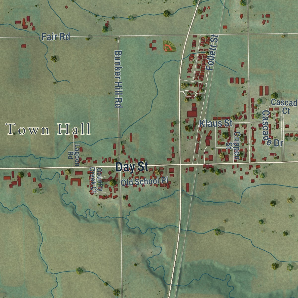 Close-up of the map of Greenleaf, Wisconsin print showing street and building detail
