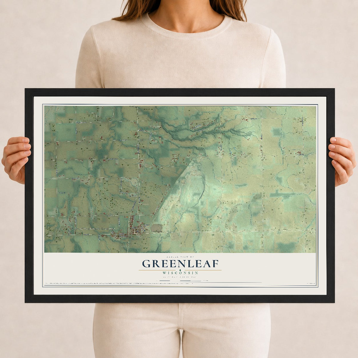 Map of Greenleaf, Wisconsin, 12 x 18 inch print in a black wood frame
