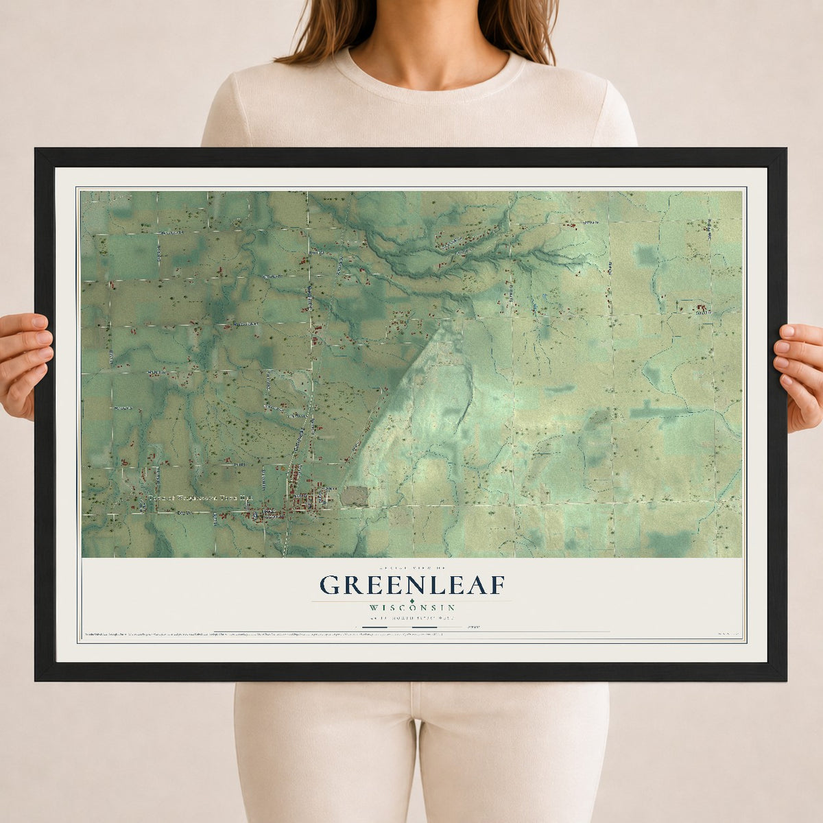 Map of Greenleaf, Wisconsin, 18 x 24 inch print in a black wood frame