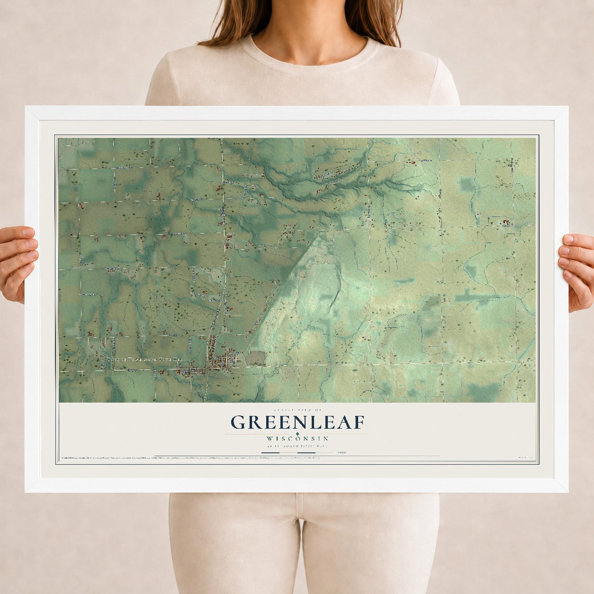Map of Greenleaf, Wisconsin, 18 x 24 inch print in a white wood frame