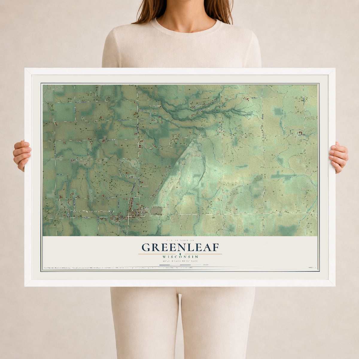 Map of Greenleaf, Wisconsin, 24 x 36 inch print in a white wood frame