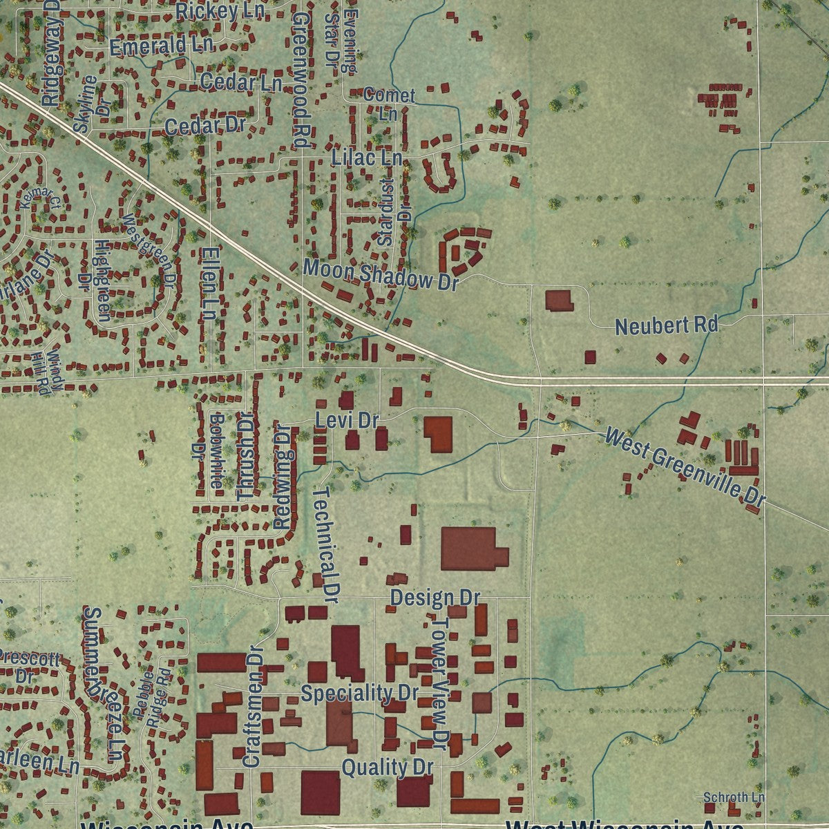 Close-up of the map of Greenville, Wisconsin print showing street and building detail