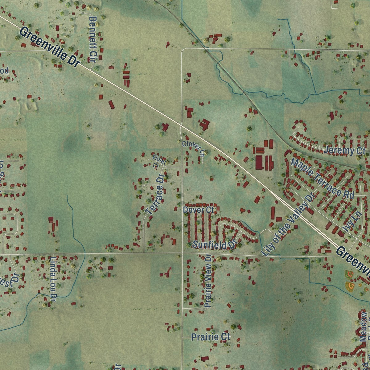 Second close-up of the map of Greenville, Wisconsin print showing more streets and buildings