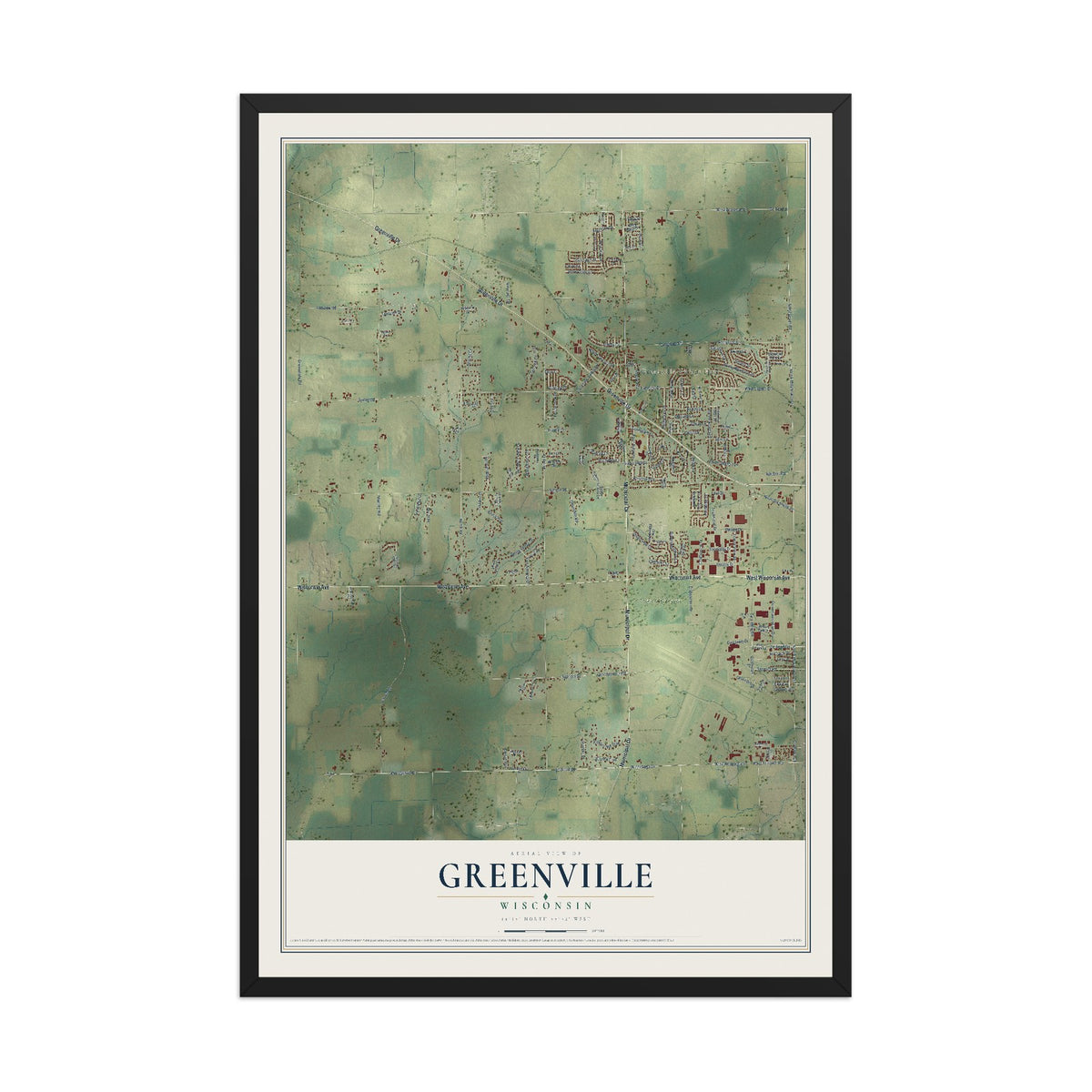 Map of Greenville, Wisconsin, 12 x 18 inch print in a black wood frame