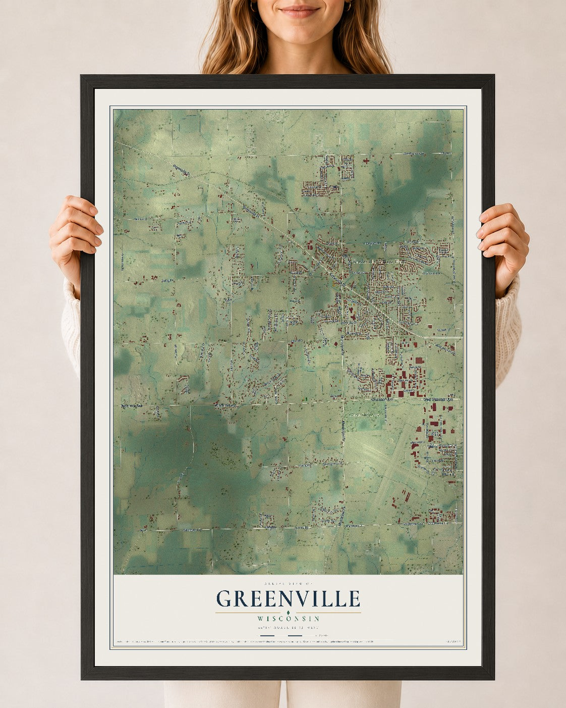 Map of Greenville, Wisconsin, 24 x 36 inch print in a black wood frame