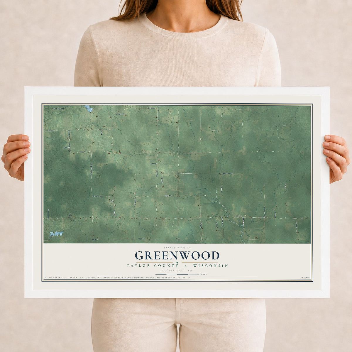 Map of Greenwood, Taylor County, Wisconsin, 12 x 18 inch print in a white wood frame