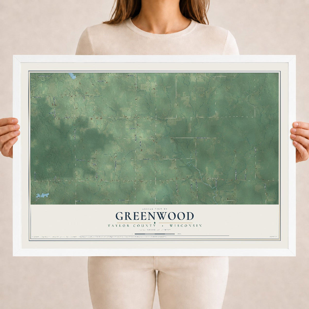 Map of Greenwood, Taylor County, Wisconsin, 18 x 24 inch print in a white wood frame