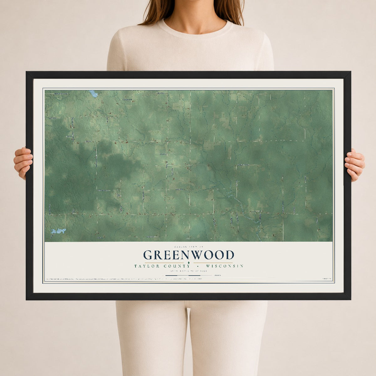 Map of Greenwood, Taylor County, Wisconsin, 24 x 36 inch print in a black wood frame