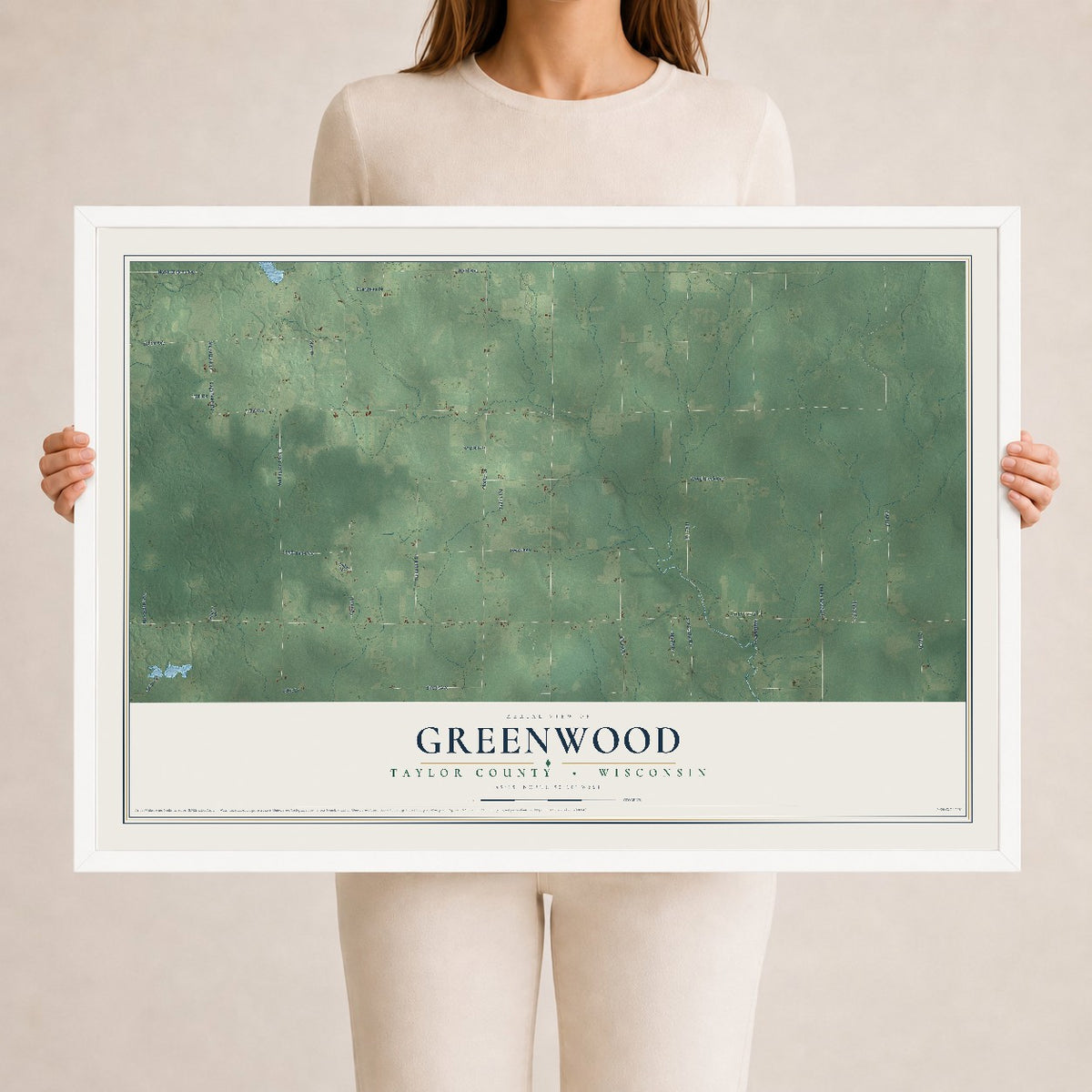 Map of Greenwood, Taylor County, Wisconsin, 24 x 36 inch print in a white wood frame