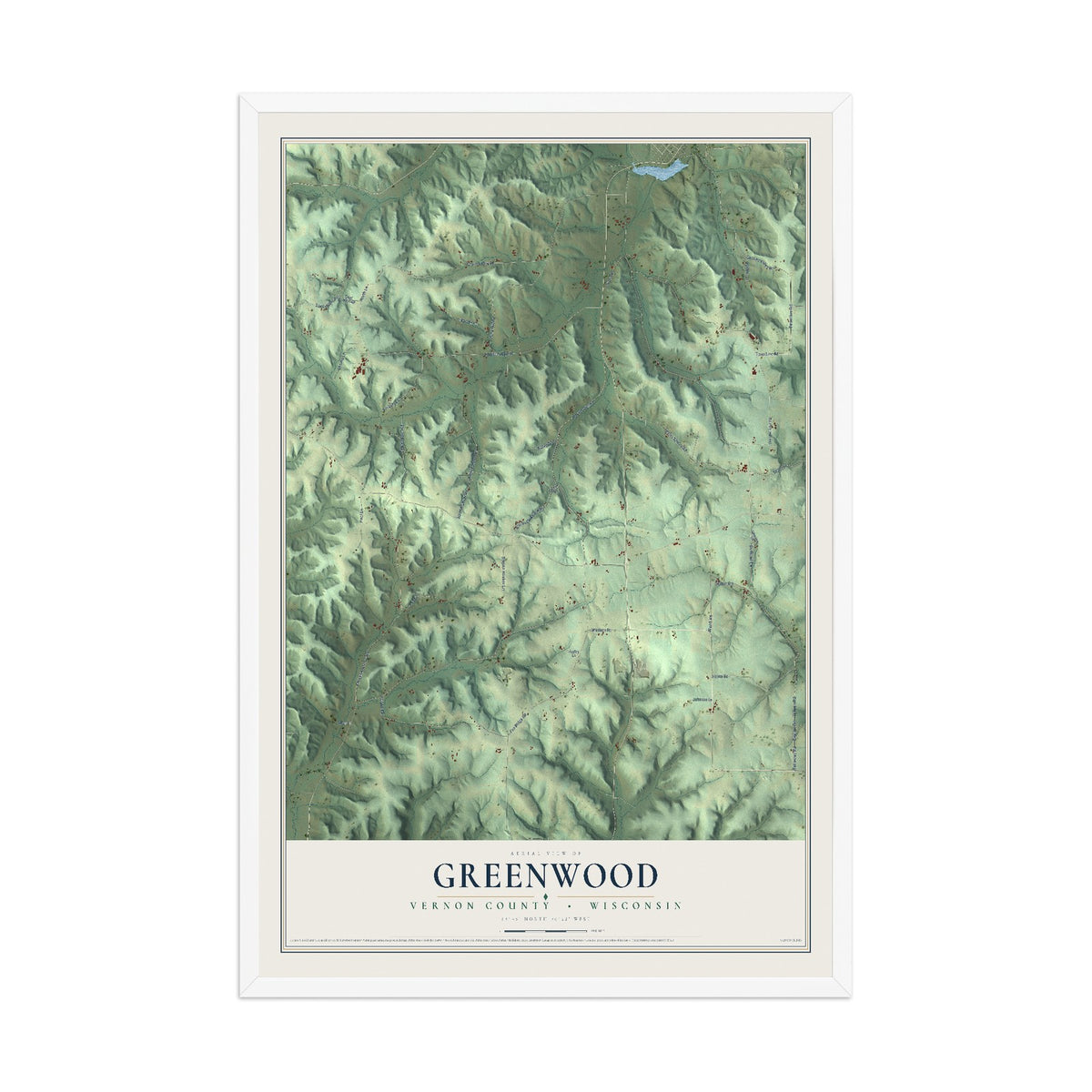 Map of Greenwood, Vernon County, Wisconsin, 12 x 18 inch print in a white wood frame