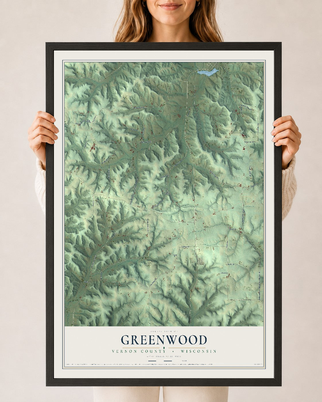 Map of Greenwood, Vernon County, Wisconsin, 24 x 36 inch print in a black wood frame