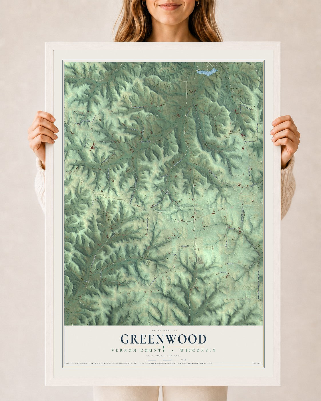 Map of Greenwood, Vernon County, Wisconsin, 24 x 36 inch print in a white wood frame