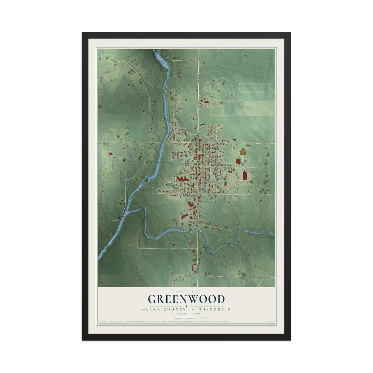 Map of Greenwood, Clark County, Wisconsin, 12 x 18 inch print in a black wood frame