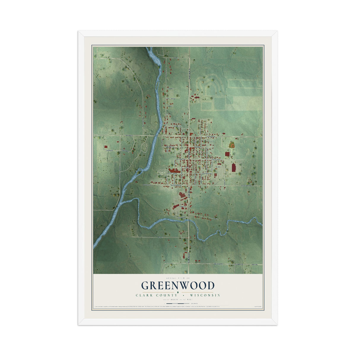 Map of Greenwood, Clark County, Wisconsin, 12 x 18 inch print in a white wood frame