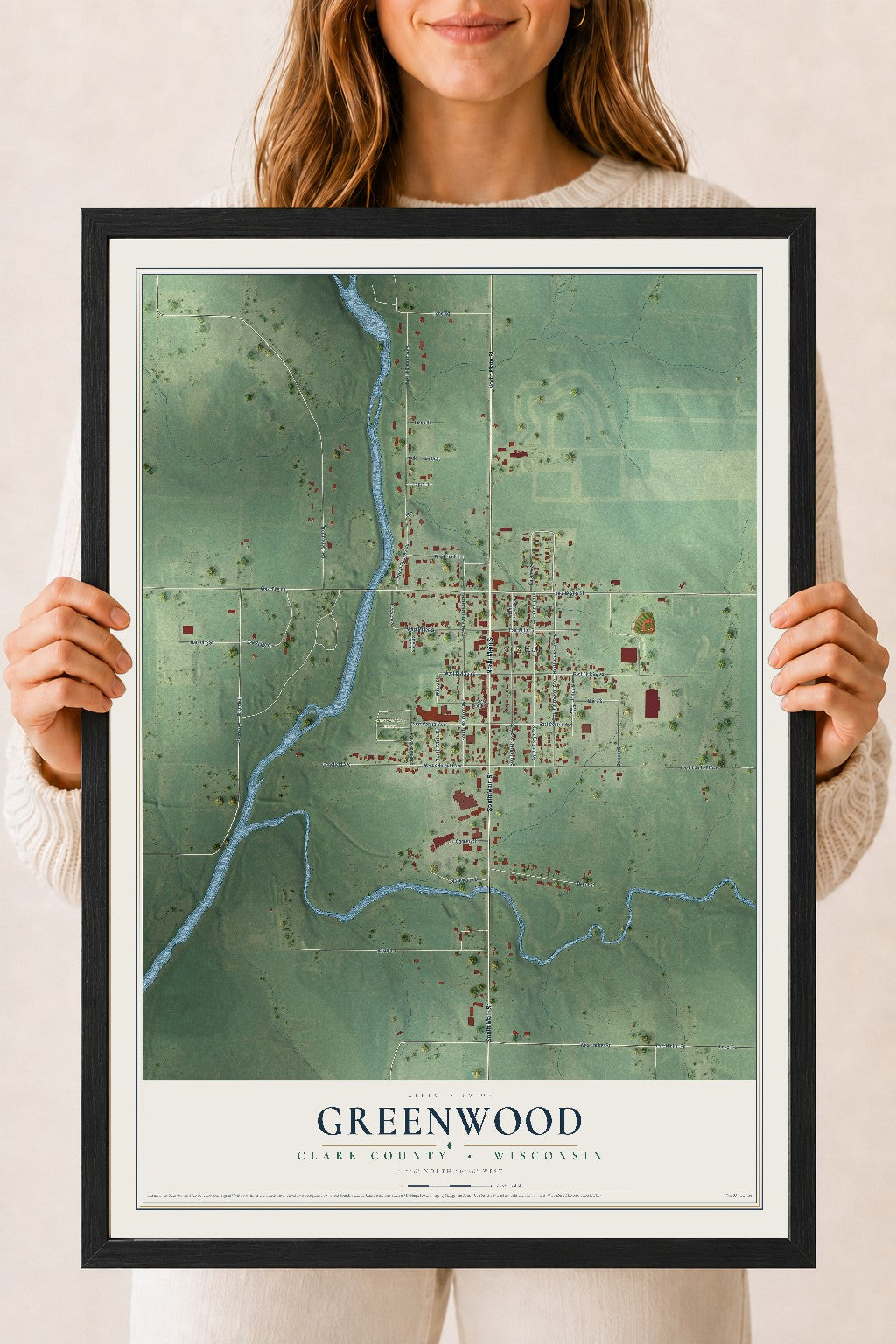 Map of Greenwood, Clark County, Wisconsin, 18 x 24 inch print in a black wood frame