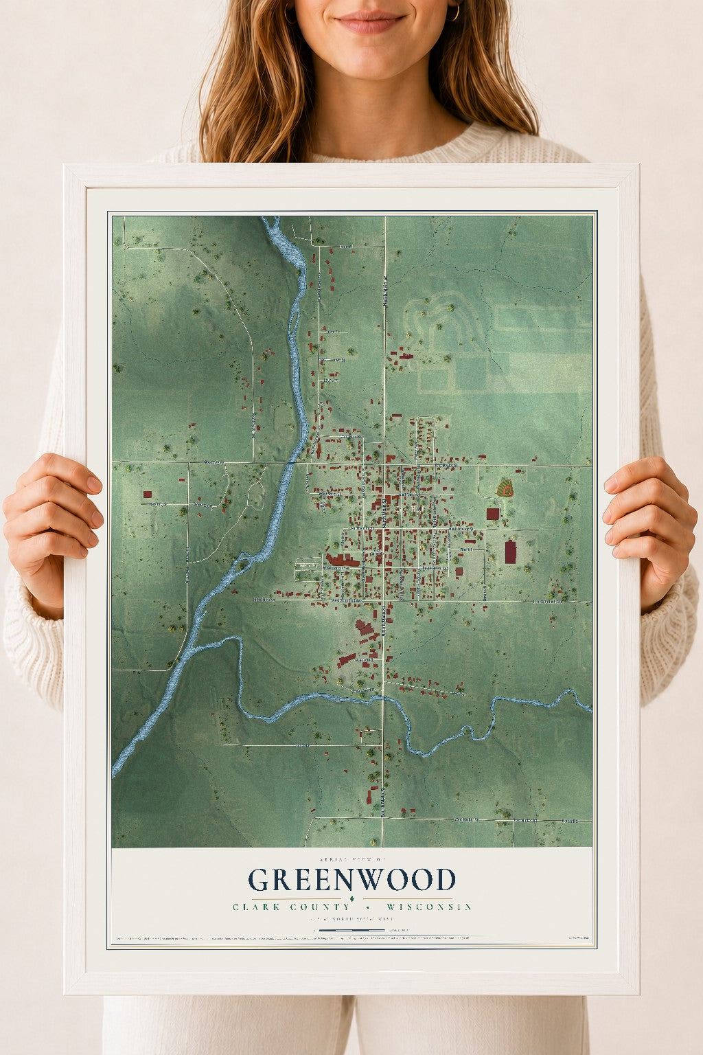 Map of Greenwood, Clark County, Wisconsin, 18 x 24 inch print in a white wood frame