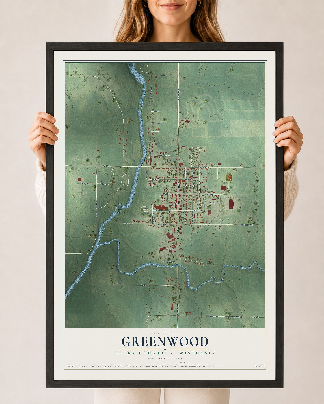 Map of Greenwood, Clark County, Wisconsin, 24 x 36 inch print in a black wood frame