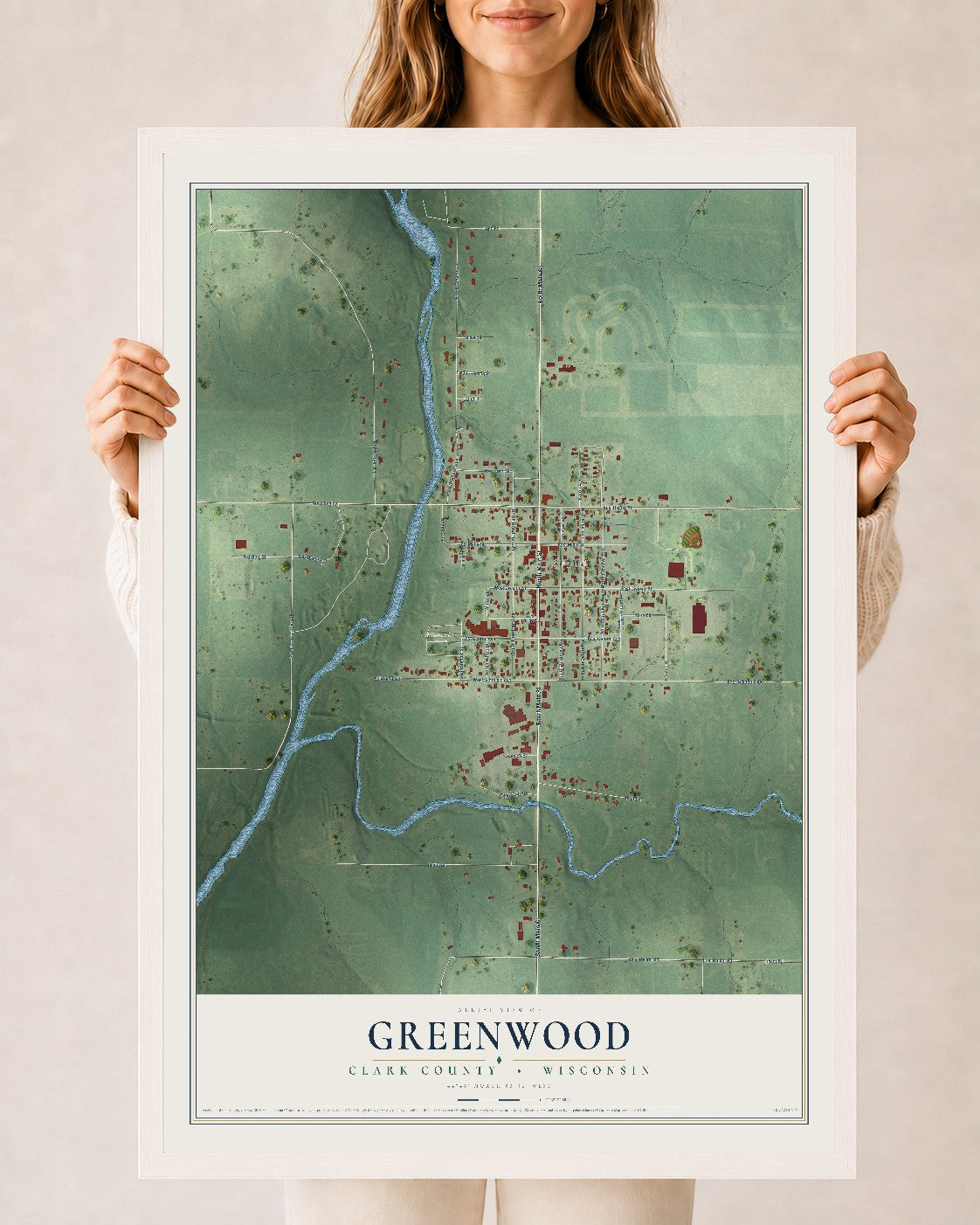 Map of Greenwood, Clark County, Wisconsin, 24 x 36 inch print in a white wood frame