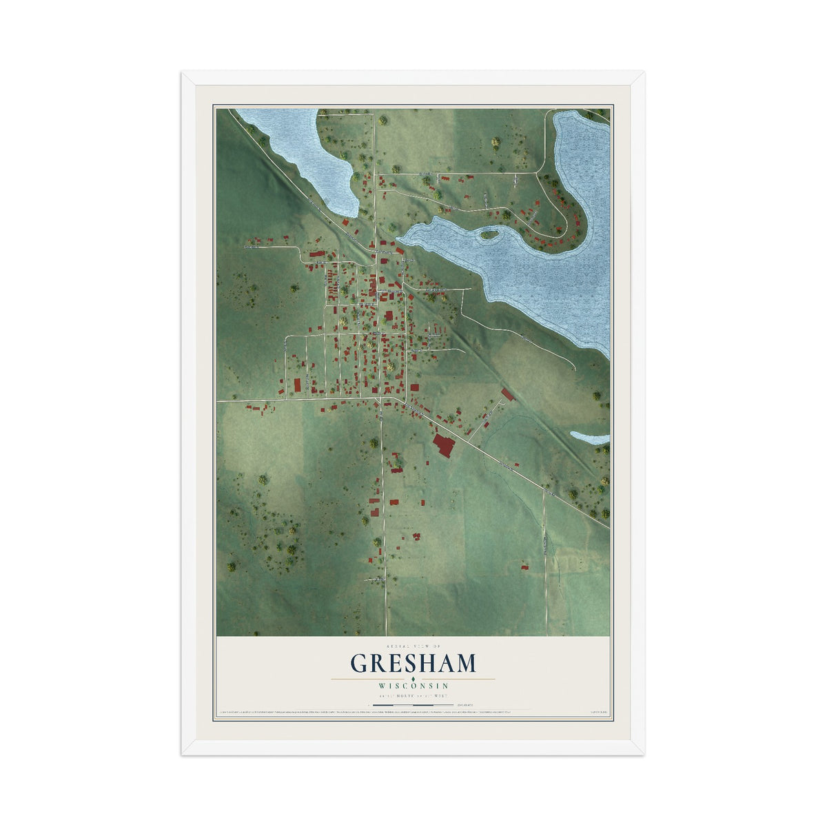 Map of Gresham, Wisconsin, 12 x 18 inch print in a white wood frame