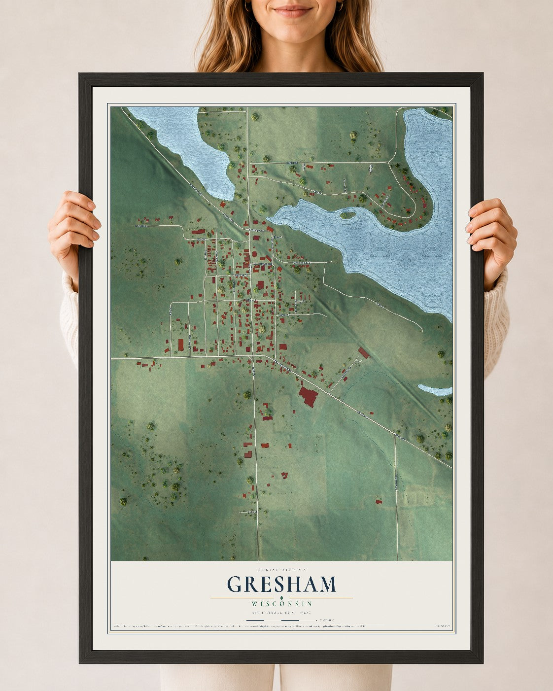 Map of Gresham, Wisconsin, 24 x 36 inch print in a black wood frame