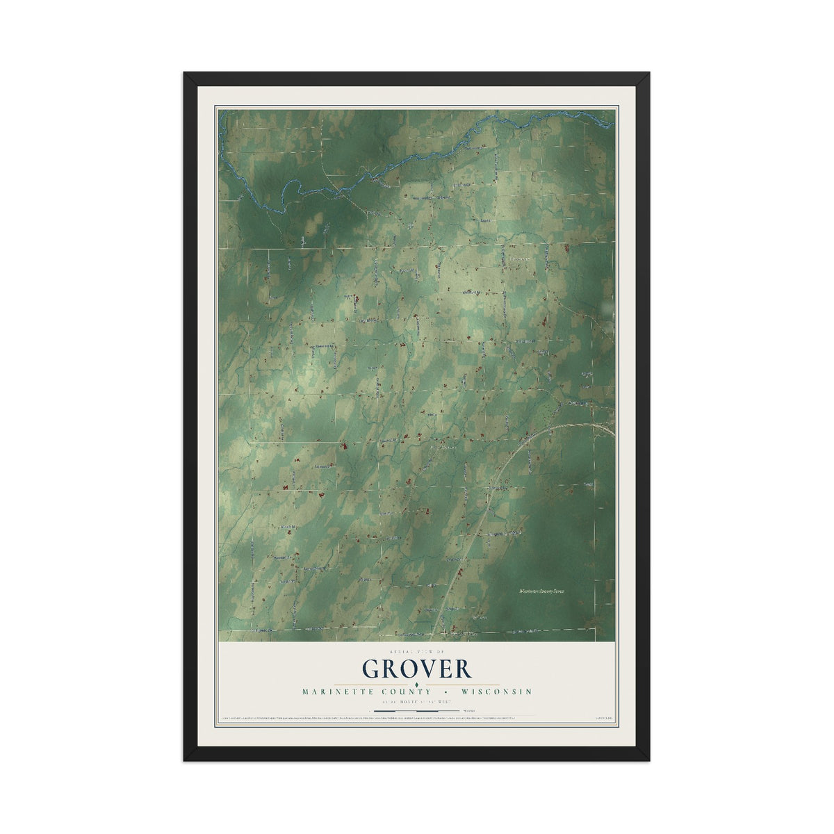 Map of Grover, Marinette County, Wisconsin, 12 x 18 inch print in a black wood frame