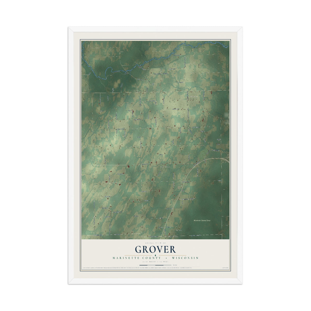 Map of Grover, Marinette County, Wisconsin, 12 x 18 inch print in a white wood frame
