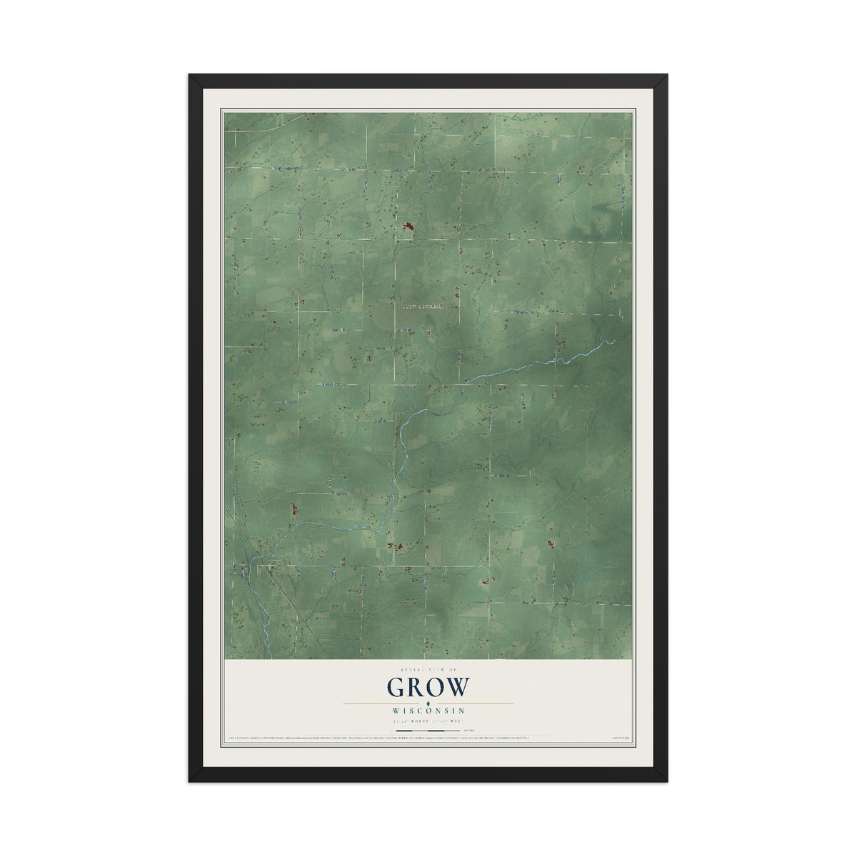 Map of Grow, Wisconsin, 12 x 18 inch print in a black wood frame