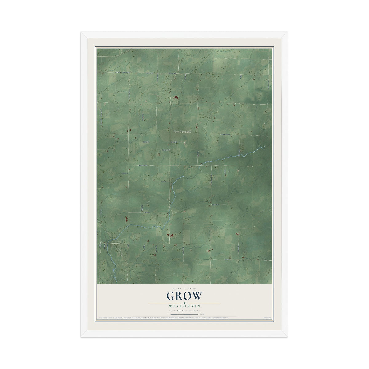 Map of Grow, Wisconsin, 12 x 18 inch print in a white wood frame