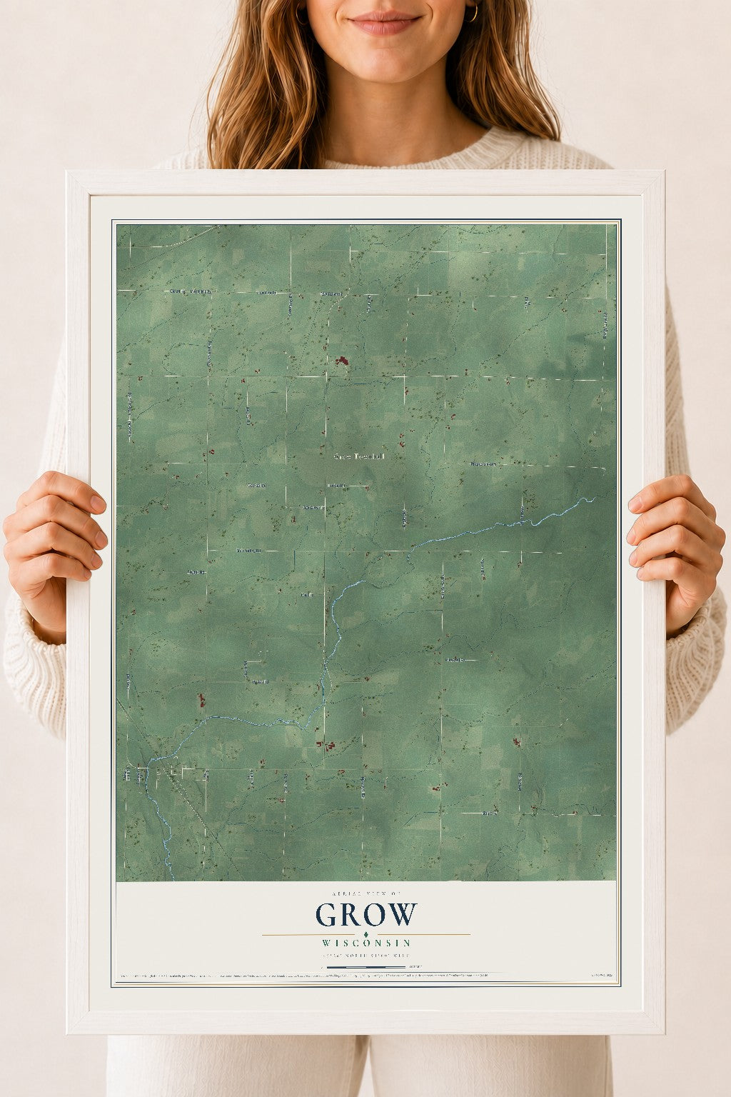 Map of Grow, Wisconsin, 18 x 24 inch print in a white wood frame