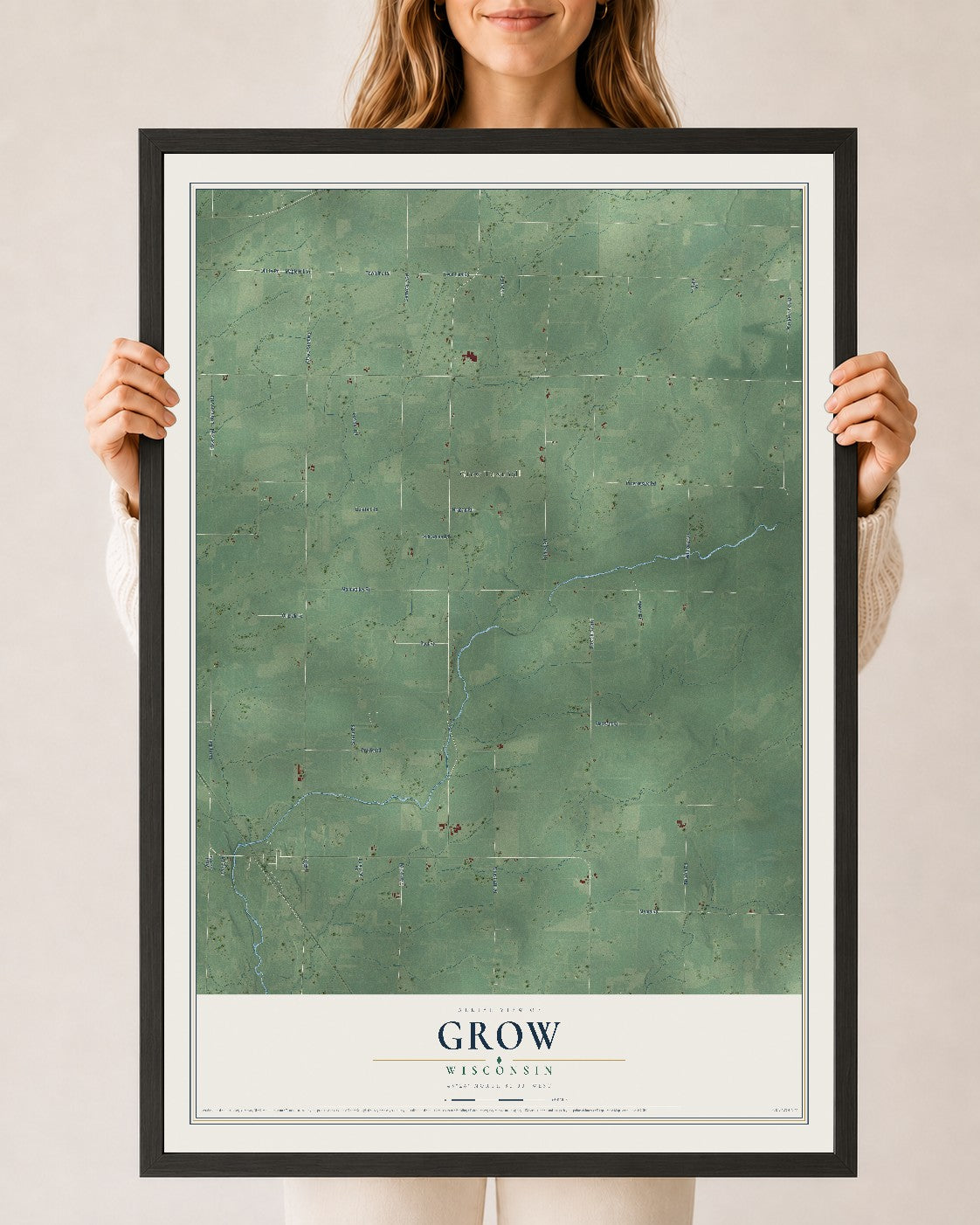 Map of Grow, Wisconsin, 24 x 36 inch print in a black wood frame